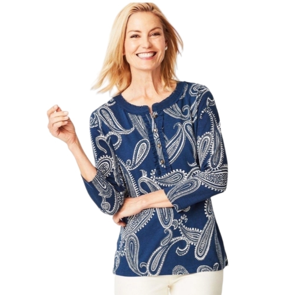 Talbots Women's Shirt Paisley Blue‎ White Blouse Henley 3/4 Sleeve Plus Size 2X